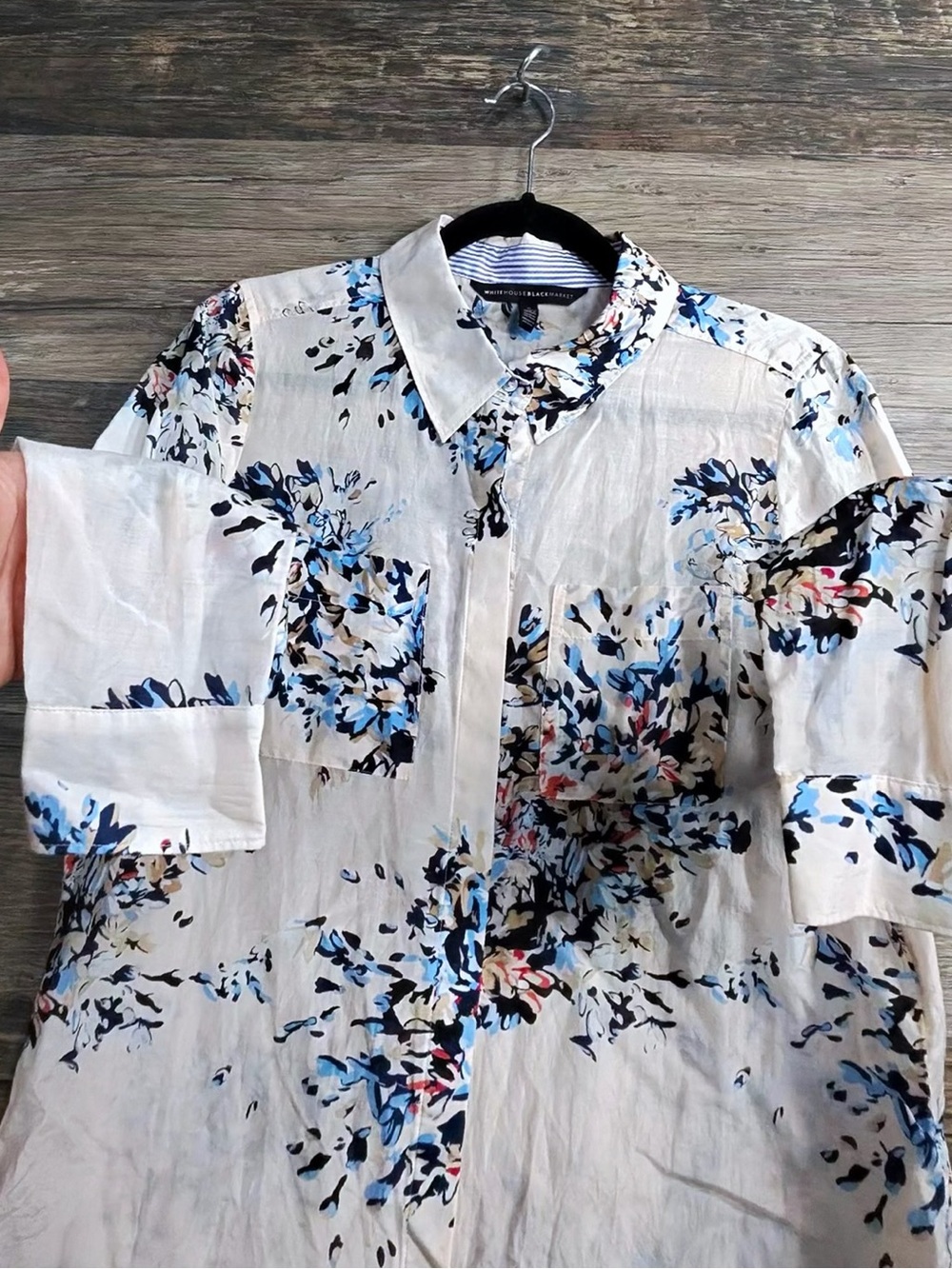 White House Black Market Cream Button-Down with Blue & Pink Floral Print - Picture 3 of 9